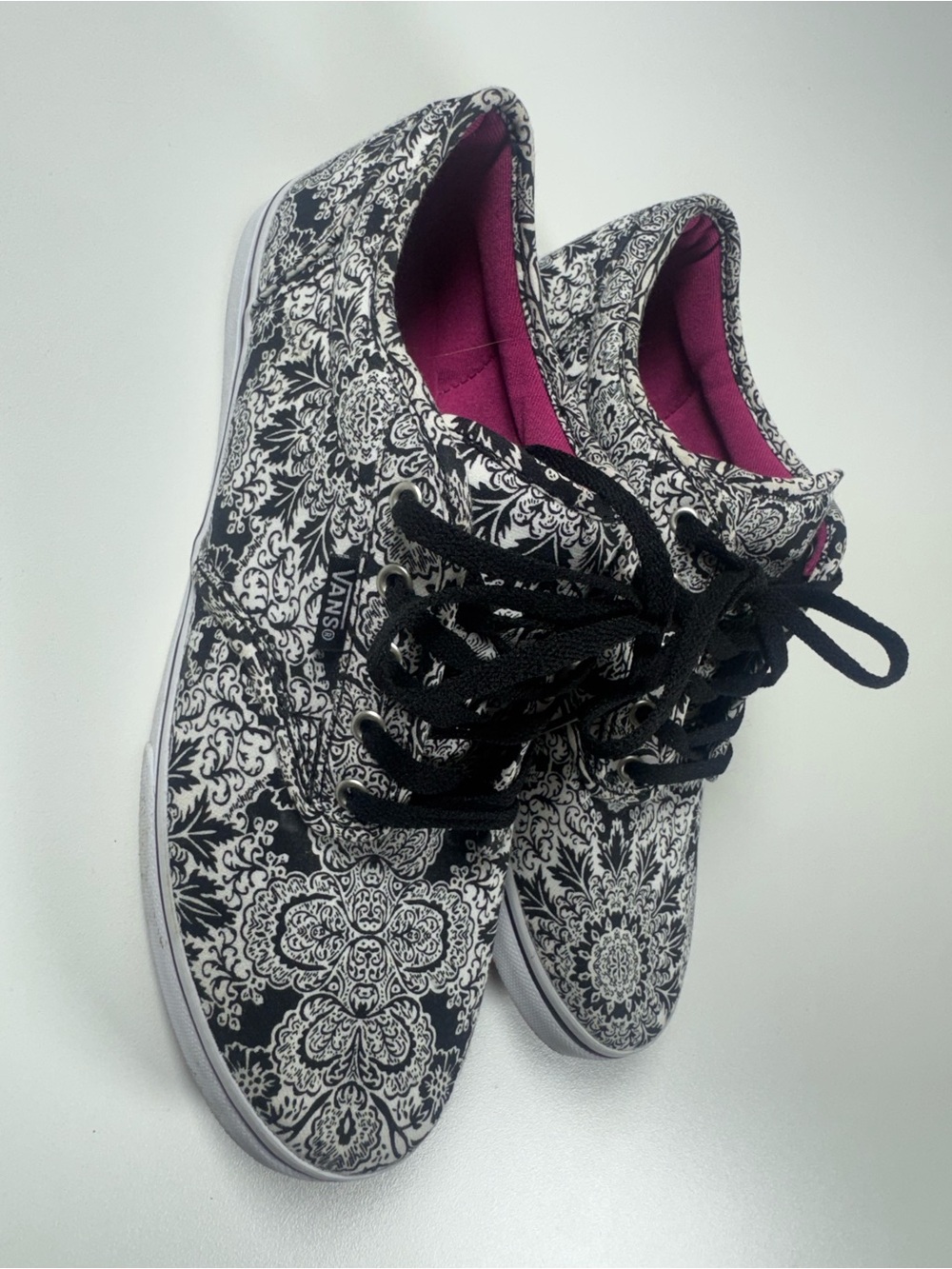 Vans Women's Black & White Damask Canvas Sneakers with Pink Lining